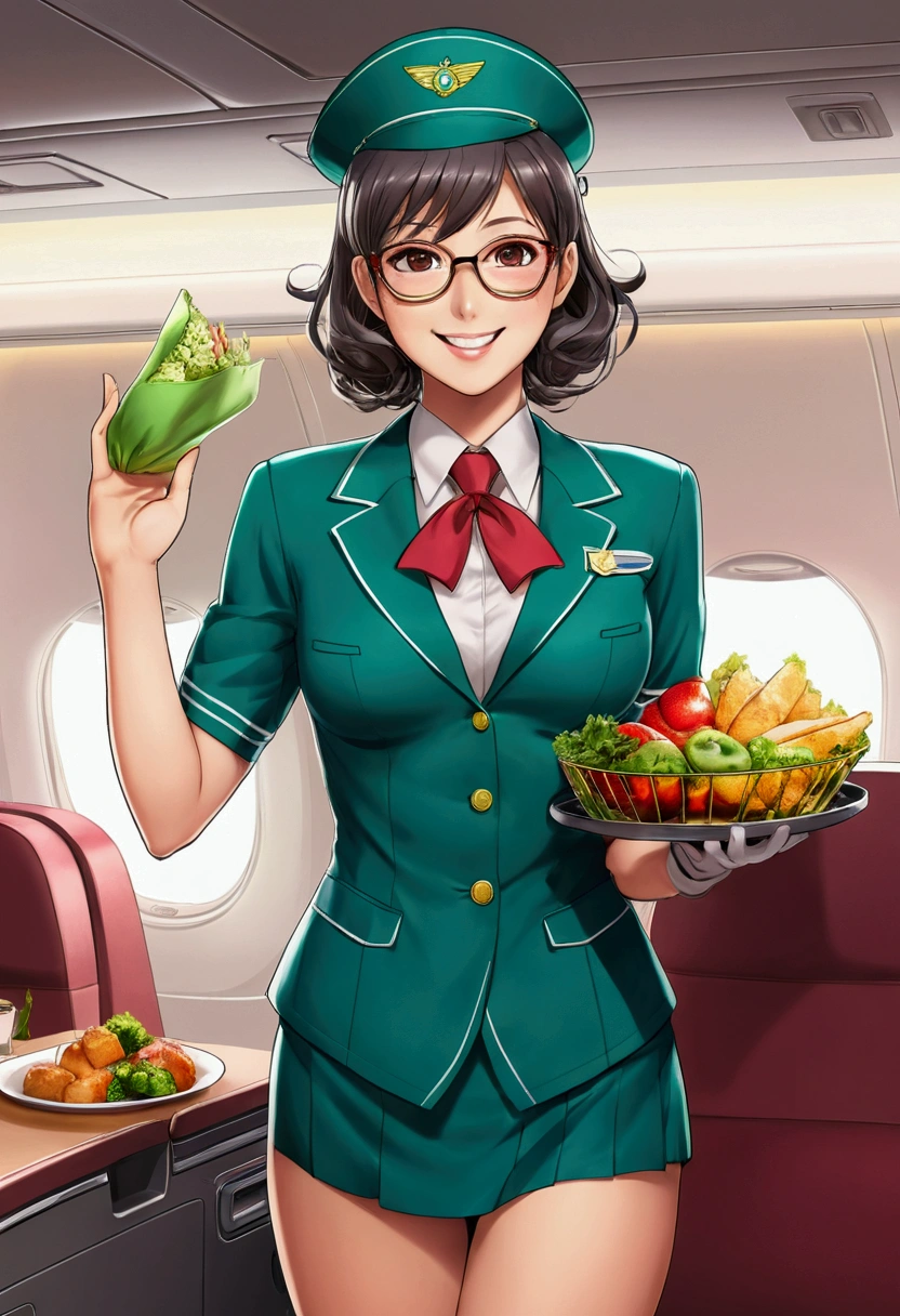 anime girl, colored anime style with three color tones, stewardess, smiling, carrying the food, with glasses, by the green wide, big bust, anime style color, waving with one hand, toyotaro style, showing breasts, lingerie classic