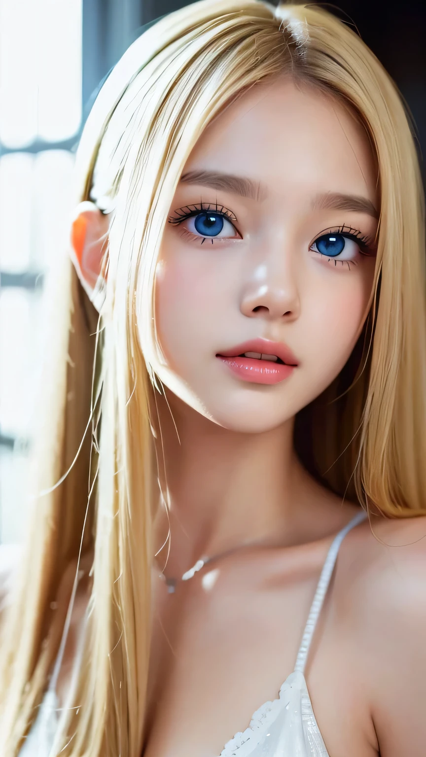 Very beautiful blonde girl、Large, very bright, whitish light blue eyes that shine beautifully、Very big eyes、Extremely white, bright, young skin、Small Face Beauty、Round face、Super long, very beautiful, super long, straight, silky blonde hair、Very pretty bangs that fall on the face、Cute and beautiful face、Very cute 15 year old girl、Cheek gloss highlighter