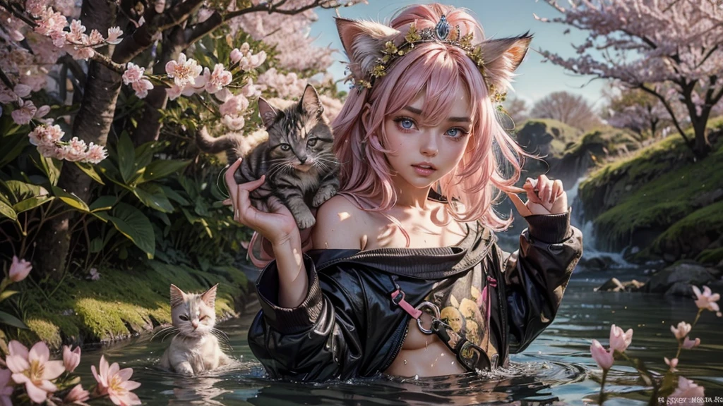 a small kitten with light pink fur and a furry tail wearing a tiara of golden flowers amidst cherry blossoms, lookig at camera, with a sexy look, wet lips