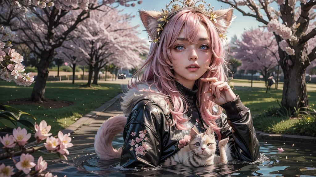 a small kitten with light pink fur and a furry tail wearing a tiara of golden flowers amidst cherry blossoms, lookig at camera, with a sexy look, wet lips