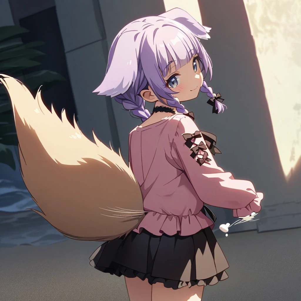 (Cute a girl:1.5), (a girl with closs hair pin, pale purple hair, wavy two braids, blunt bangs hair, green and black eyes, closs hair pin,
pink shirt,cosplay, jirai kei, bangs, black skirt, black bow, looking at viewer, bow, long sleeves, choker, ribbon, with Dog droopy ears,:1.4), anime visual, (tilt head:1.3), realistic lighting and shading, (an extremely delicate and beautiful art:1.3),From behind, looking back and wagging its tail.cowboy shot,Sandy Beach,outdoor,The girl is smiling、