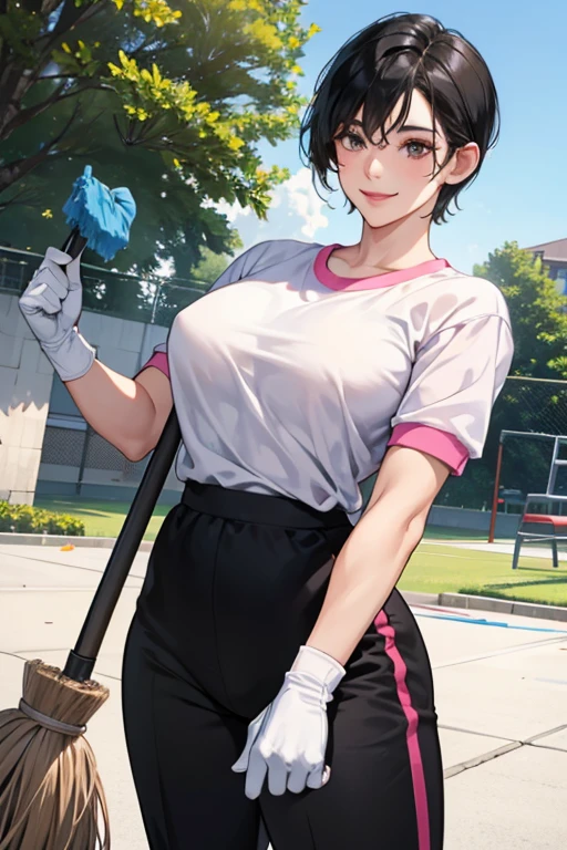 A muscular mature woman with short black hair and a gym uniform with short sleeves and long pants is cleaning up a schoolyard in midsummer with a broom and wearing oversized pink rubber gloves and a gentle smile.