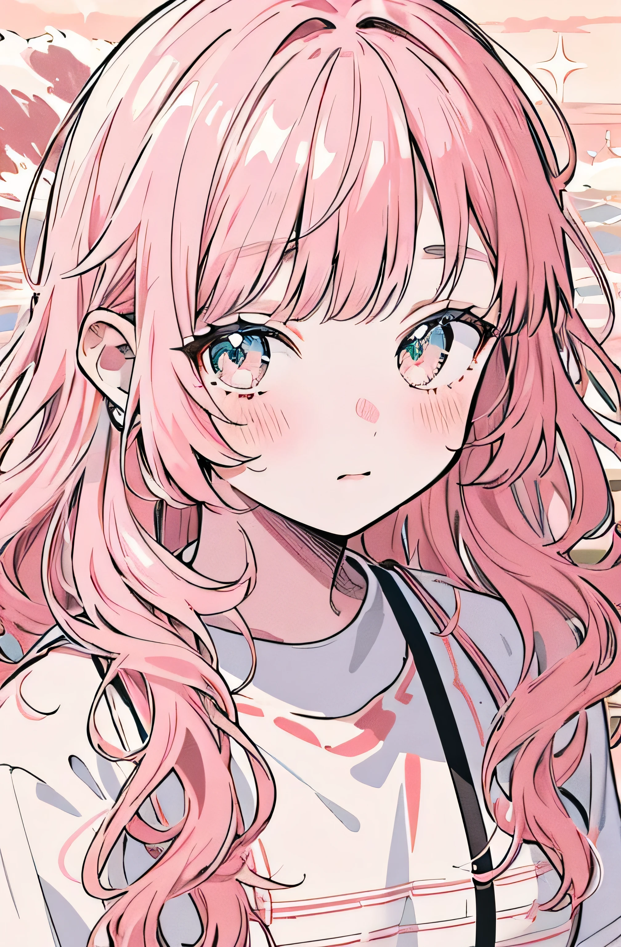 aesthetic, athletic girl, sparkles, waves, beach,cute blush, pink theme, sunkissed, ((crisp lineart)), ((perfect 8k HD wallpaper)), ((looking at viewer)), surfer girl, (focus on face)