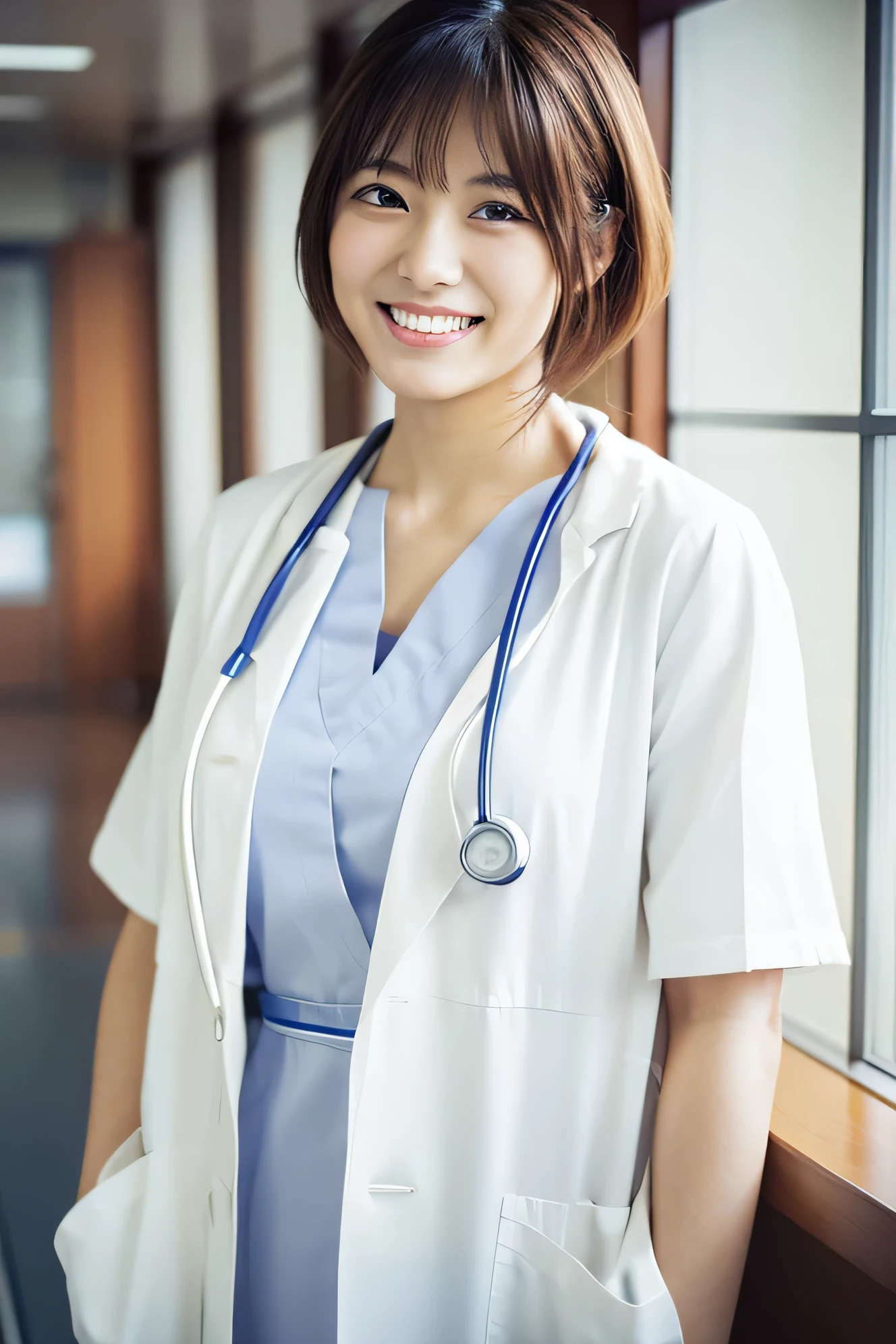 Photorealistic, high resolution, High resolution,Japan Beautiful Nurse, Smile, White Lab Coat, whole body, hospital, ward