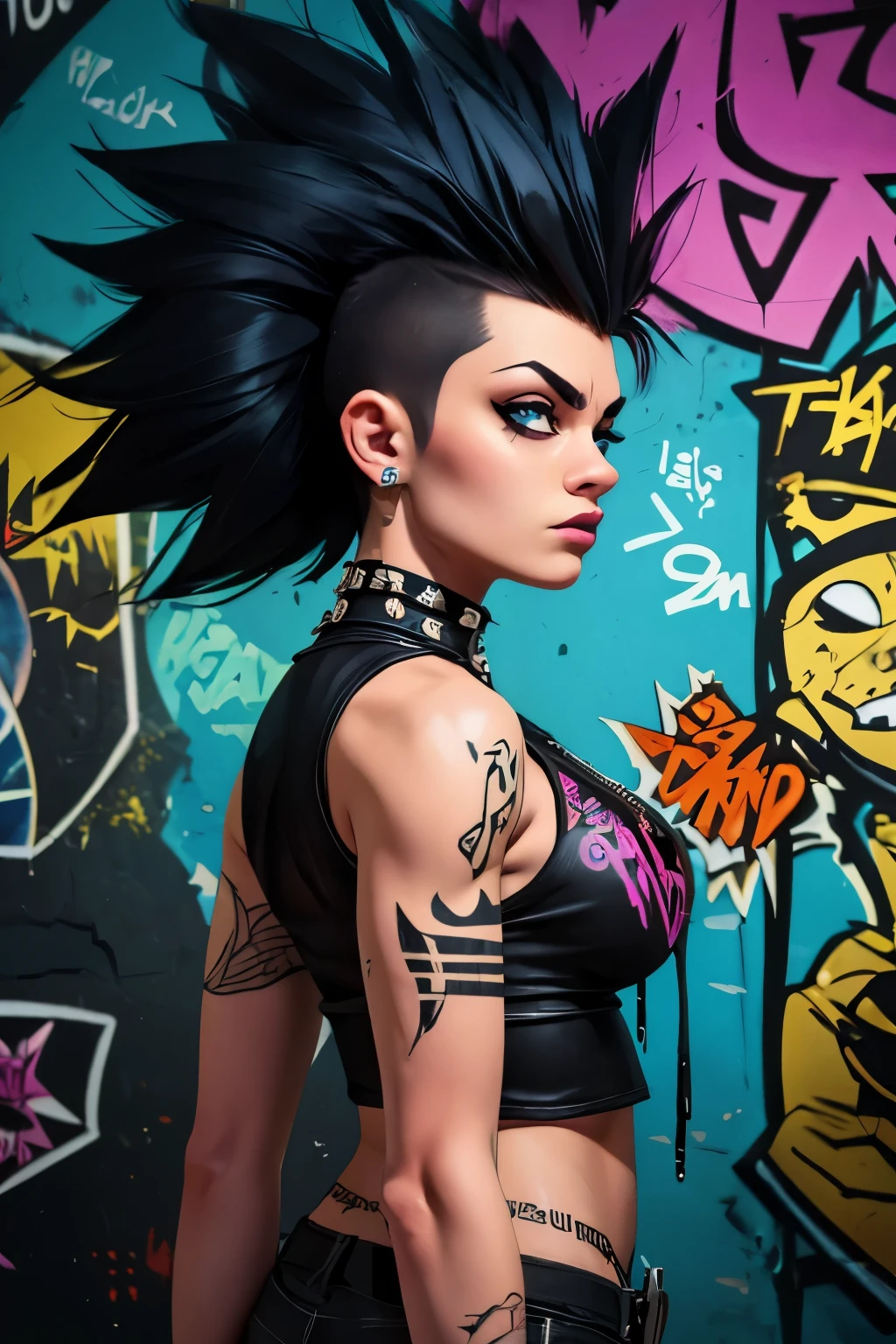 ((Cartoon ART)), ultra-detailed, ((side viewer, looking to spectator)), ((hot Rocker punk girl, spiky Black mohawk hair)) girl, hot Body, Nice Butt, abs, tattoo, t-shirt nipples, portrait photo, Solo, Brazilian Girl dimly lit room, edgy urban scene with graffiti, dark and moody, late evening, city lights flashing, neon lighting The essence of rock and roll, (((spike hair))), 18 years old, assertive, confident expression, showcasing multiple piercings, blurry background, analogue style, grunge texture, Best contrast, industrial, Instagram LUT, Professional, 4k, electrifying gaze, shot on Nikon, 50mm, shallow depth of field,  ((Abandoned Graffiti Wall Background, cinematic lighting )).