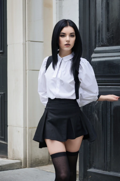 A gothic girl with a black skirt, long stockings, black shoes, short black hair, appeared angelic