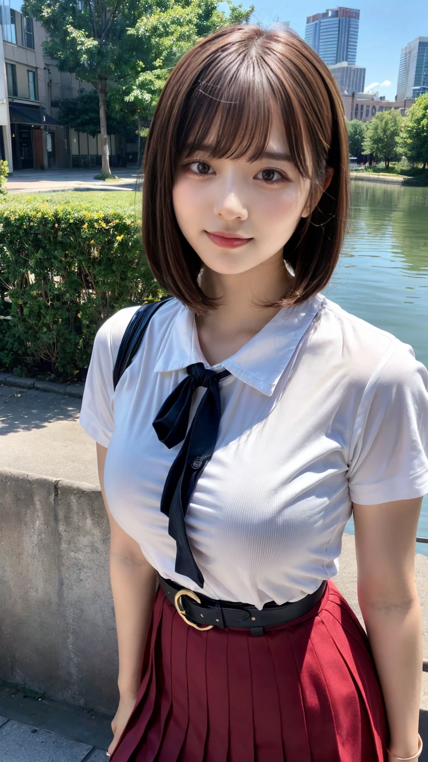 (masterpiece:1.3, top-quality, ultra high res, ultra detailed), (realistic, photorealistic:1.4), beautiful illustration, perfect lighting, colorful, depth of fields, (photograph),
beautiful detailed hair, beautiful detailed face, beautiful detailed eyes, beautiful clavicle, beautiful body, beautiful chest, beautiful thigh, beautiful legs, beautiful fingers,
looking at viewer, 1 girl, high school girl, chisato nishikigi, (perfect anatomy, anatomically correct, super detailed skin), perfect face, parfect eyes, cute and symmetrical face, babyface,
(short hair, one side up, bob cut, blonde hair), bangs, redeyes, slant eyes, big eyes, long eye lasher, (medium breasts, seductive thighs), slender, white skin, shiny skin,
(red hair ribbon, short sleeves white collared shirt, belt, neck ribbon, red pleated skirt),
(beautiful scenery), morning, (riverside:1.2, cityscape in the distance), standing, (lovery smile, upper eyes, parted lips),