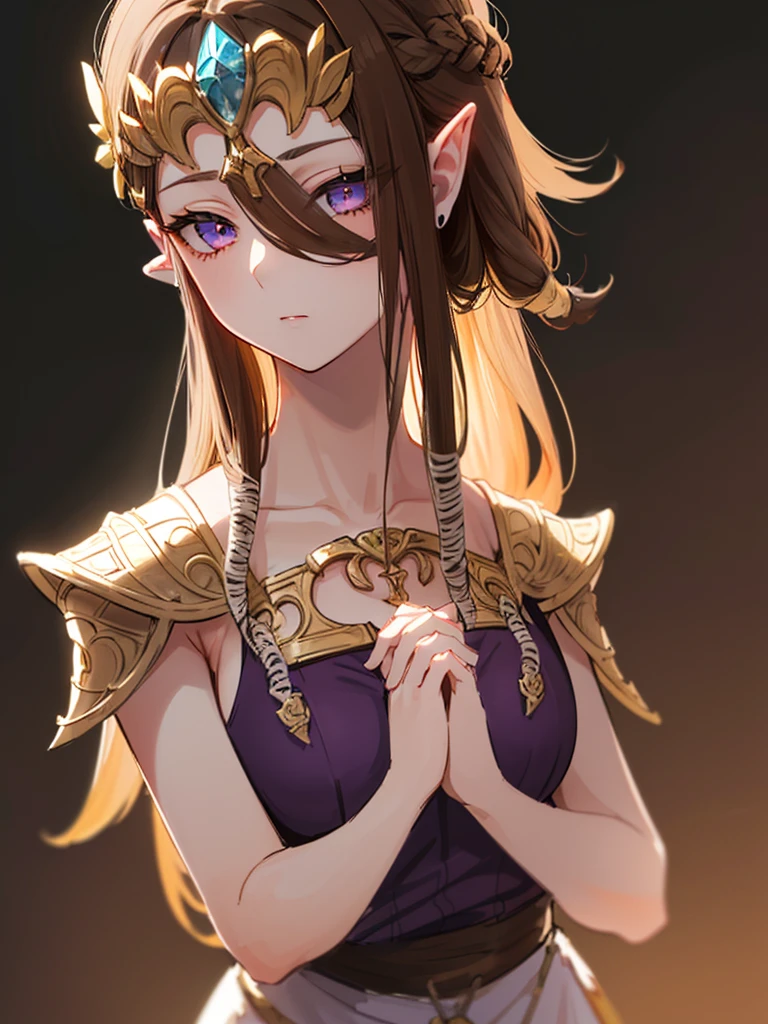 (((Offer a prayer))),((Face close-up)),((valley)),((((Exposed shoulders)))),(((Are standing))),,(((Golden hair ornament)),,(((Long Hair)))),((Big Breasts)),((((Exposed shoulders)))),((side angle)),Princess Zelda, ((Highest quality)),,(Very detailed) ,((Purple Blouse),((Expressionless)),, ((Highest quality)), (Very detailed), ,(((Dark brown hair))),Nintendo, (Straight hair),((Very beautiful mature woman)), ((Highest quality)), (Very detailed),((Place your hands together in front of your chest)), (((Eyes are black)),