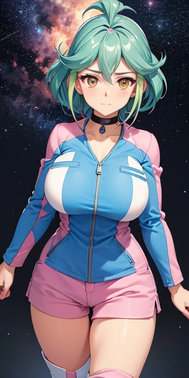 1 Female,High definition,high resolution,Ultra-realistic,8K, rin_arc_v,blue jacket,long sleeves,black choker,pink shorts,white thighs boots, multicolored hair,yellow eyes,European,sexy,Upper body close-up,Photographed from the front,Dynamic Angles,private teacher,blush, huge tits  , pretty  ,(pov , closed shot:1.3)