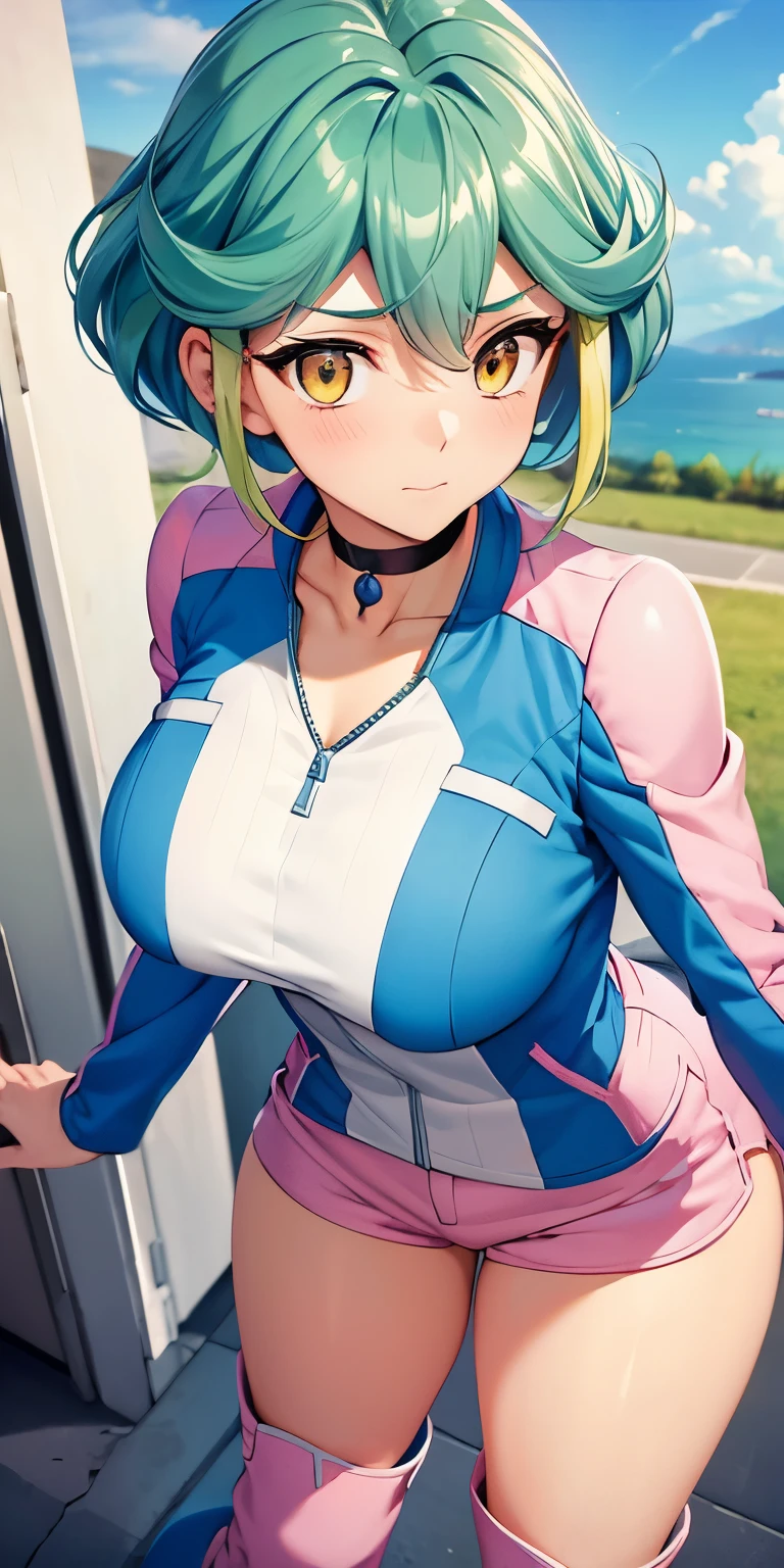 1 Female,High definition,high resolution,Ultra-realistic,8K, rin_arc_v,blue jacket,long sleeves,black choker,pink shorts,white thighs boots, multicolored hair,yellow eyes,European,sexy,Upper body close-up,Photographed from the front,Dynamic Angles,private teacher,blush, huge tits  , pretty  ,(pov , closed shot:1.3)