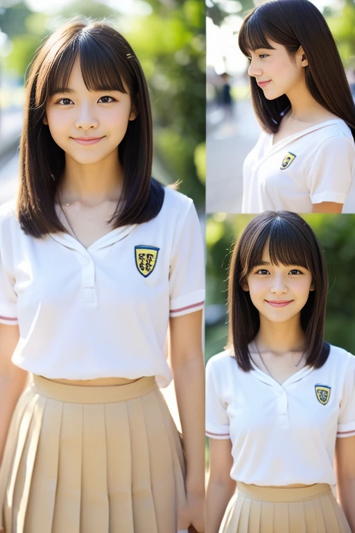  (Highest quality), (Beautiful  Japanese girl), (Moisturized lips), Narrow eyes, double eyelid, Delicate clavicle, Flat Chest , underdeveloped udder, smile, (Spotted sunlight: 1.2), Professional Lighting, (Petite figure), (Sunburned skin: 0.2), Full body photo, Full Body Focus, (Stand Upright)、Excellent Honor Student、Slender body、(School Uniform)、boyish, Putting very short hair into a ponytail、Stylish white bedroom、Ribbon on chest、Sweep all your hair back、On an empty train