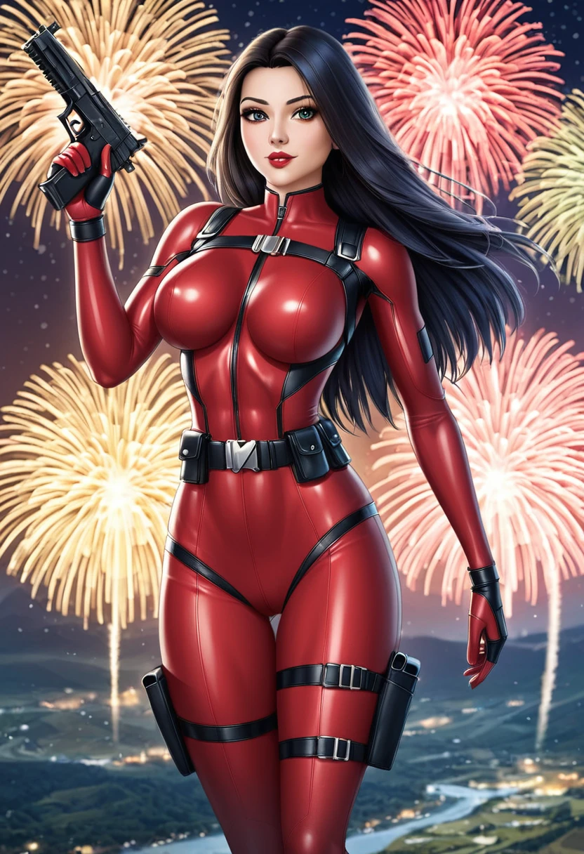  (Masterpiece), (best quality), (ultra high quality), (highres), (wallpaper 8k), BodySuit_lady_deadpool_ownwaifu,
1girl, solo, long hair, black hair, breasts, no pupils, 
bodysuit, leather toned, Super hero, belt pouch, utility belt, red bodysuit, gloves, gun on back, thigh pouch, thigh strap, thigh holster, belt buckle, turtleneck, 
light particles, depth_of_field, landscape, night, fireworks in the air, solo, cowboy shot, looking at the audience,