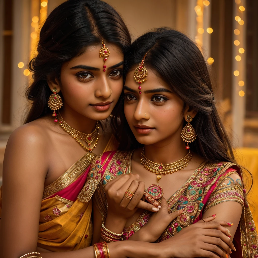 A beautiful indian girl, 1girl, tieding rakhi on her brother's hand, intricate detailed rakhi, delicate hands, warm lighting, soft focus, detailed facial features, long eyelashes, colorful traditional indian clothing, vibrant colors, ornate jewelry, photorealistic, cinematic lighting, highly detailed, masterpiece