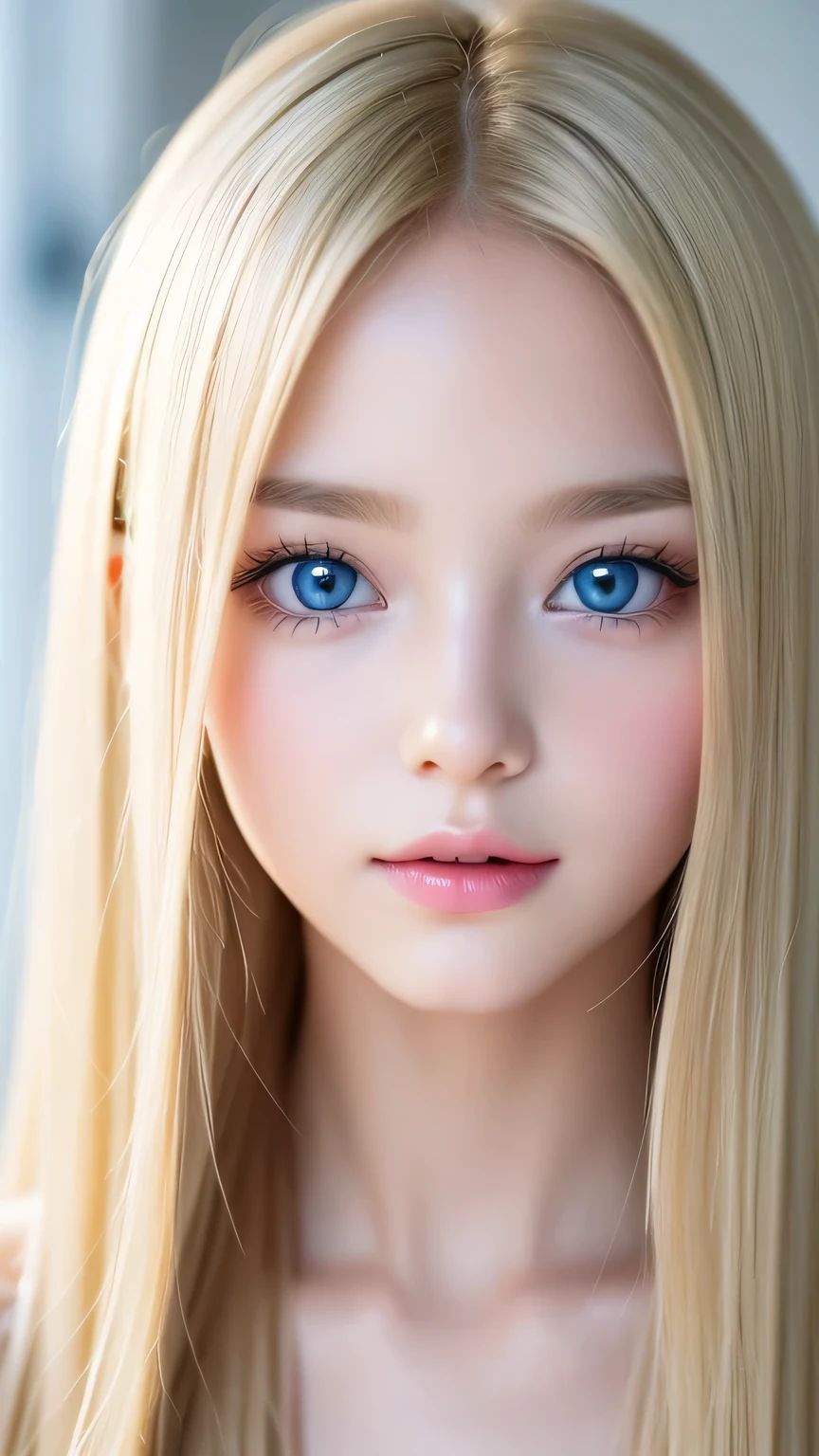 Very beautiful blonde girl、Large, very bright, whitish light blue eyes that shine beautifully、Very big eyes、Extremely white, bright, young skin、Small Face Beauty、Round face、Super long, very beautiful, super long, straight, silky blonde hair、Very pretty bangs that fall on the face、Cute and beautiful face、Very cute 15 year old girl、Cheek gloss highlighter