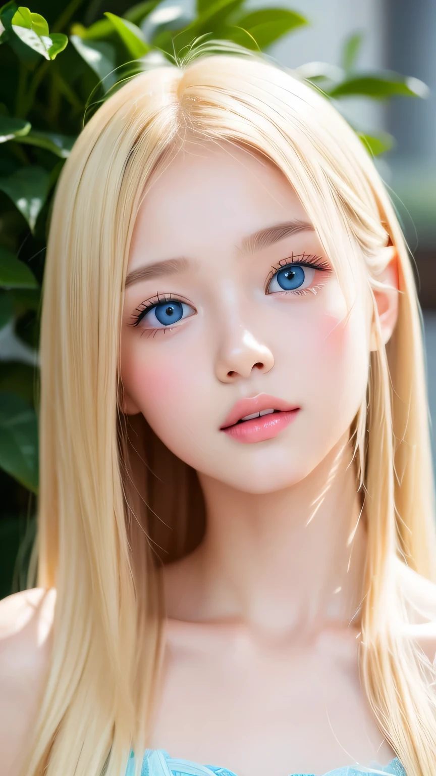 Very beautiful blonde girl、Large, very bright, whitish light blue eyes that shine beautifully、Very big eyes、Extremely white, bright, young skin、Small Face Beauty、Round face、Super long, very beautiful, super long, straight, silky blonde hair、Very pretty bangs that fall on the face、Cute and beautiful face、Very cute 15 year old girl、Cheek gloss highlighter