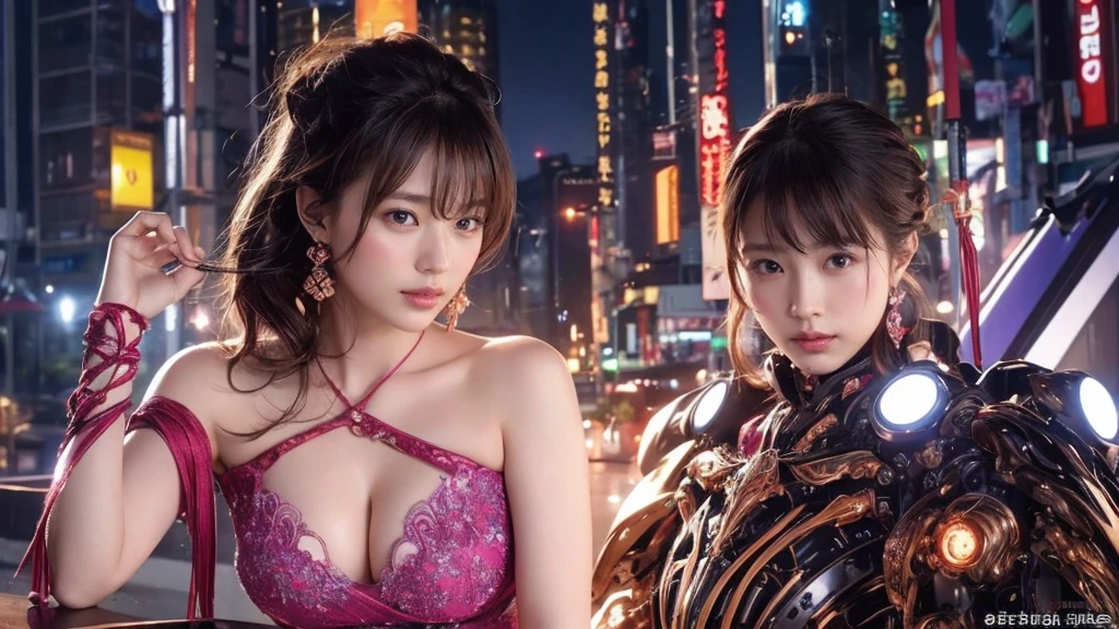Highest quality, masterpiece, Ultra-high resolution, (Real: 1.4), Original photo, 1 girl, Black Hair, Glowing Skin, 1. Mechanical Girl, (超Real细节)), Portraiture, Global Illumination, Shadow, Octane Rendering, 8k,16K, Ultra Sharp, not a big deal, Bare skin is revealed through the cleavage, Metal, Intricate decorative details, More about Japan, Very intricate details, Real光线, CG Trends, Purple eyes, Glowing Eyes, Facecamea, Neon Details, Mechanical Limbs, Blood vessels connected to tubes, Mechanical vertebrae attached to the back, Mechanical fixation of the cervical spine, Sitting, Wires and cables connected to the head, Small LED Light,Large Breasts