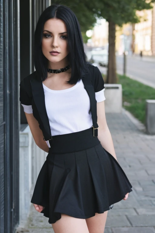 A gothic girl with a black skirt long socks black shoes acts short black hair