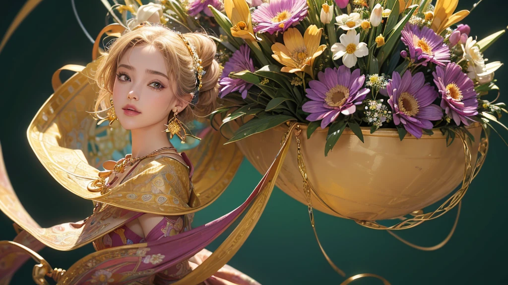 32K, 最高quality, 最高masterpiece, (ultra-Detailed Background, Detailed Background), Absurd, High resolution, Super detailed, Very detailedな, One girl, (bouquet:1.3), (Tangled:1.2), (Geometric:1.2),(colorful),(masterpiece, quality, best quality, Official Art, Beautiful and beautiful:1.2), (1 girl:1.3), Very detailed,(colorful:1.1)(Flowers:1.3),Most detailed,(Tangled:1.2), whole body, (Abstract background:1.3), (Skin glows), (Many colors:1.4), ,(Earrings Jewelry:1.5), Pale yellow background,