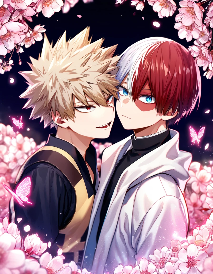 absurdres, highres, ultra detailed, HDR, master piece, best quality, extremely detailed, Todoroki Shouto, bicolored hair, right side of the hair white, left side of the hair red, expressive blue eyes, Boku No Hero Academia, Bakugo Katsuki, ash-blonde hair, expressive red eyes, two little boys together, yaoi, gay couple, cute, smile, white coat, small, black shirt, magical, sparkling, pink glittering fireflies, pink ice, pink ice butterflies, pink ice petals, pink ice cherry blossoms, pink crystal, pink flowers, pink moon