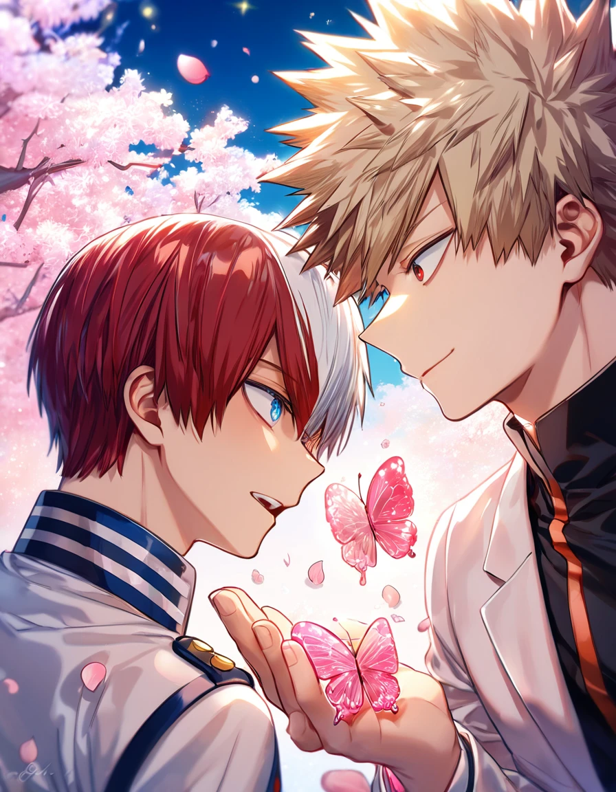 absurdres, highres, ultra detailed, HDR, master piece, best quality, extremely detailed, Todoroki Shouto, bicolored hair, right side of the hair white, left side of the hair red, expressive blue eyes, Boku No Hero Academia, Bakugo Katsuki, ash-blonde hair, expressive red eyes, two little boys together, yaoi, gay couple, cute, smile, white coat, small, black shirt, magical, sparkling, pink glittering fireflies, pink ice, pink ice butterflies, pink ice petals, pink ice cherry blossoms, pink crystal, pink flowers, pink moon