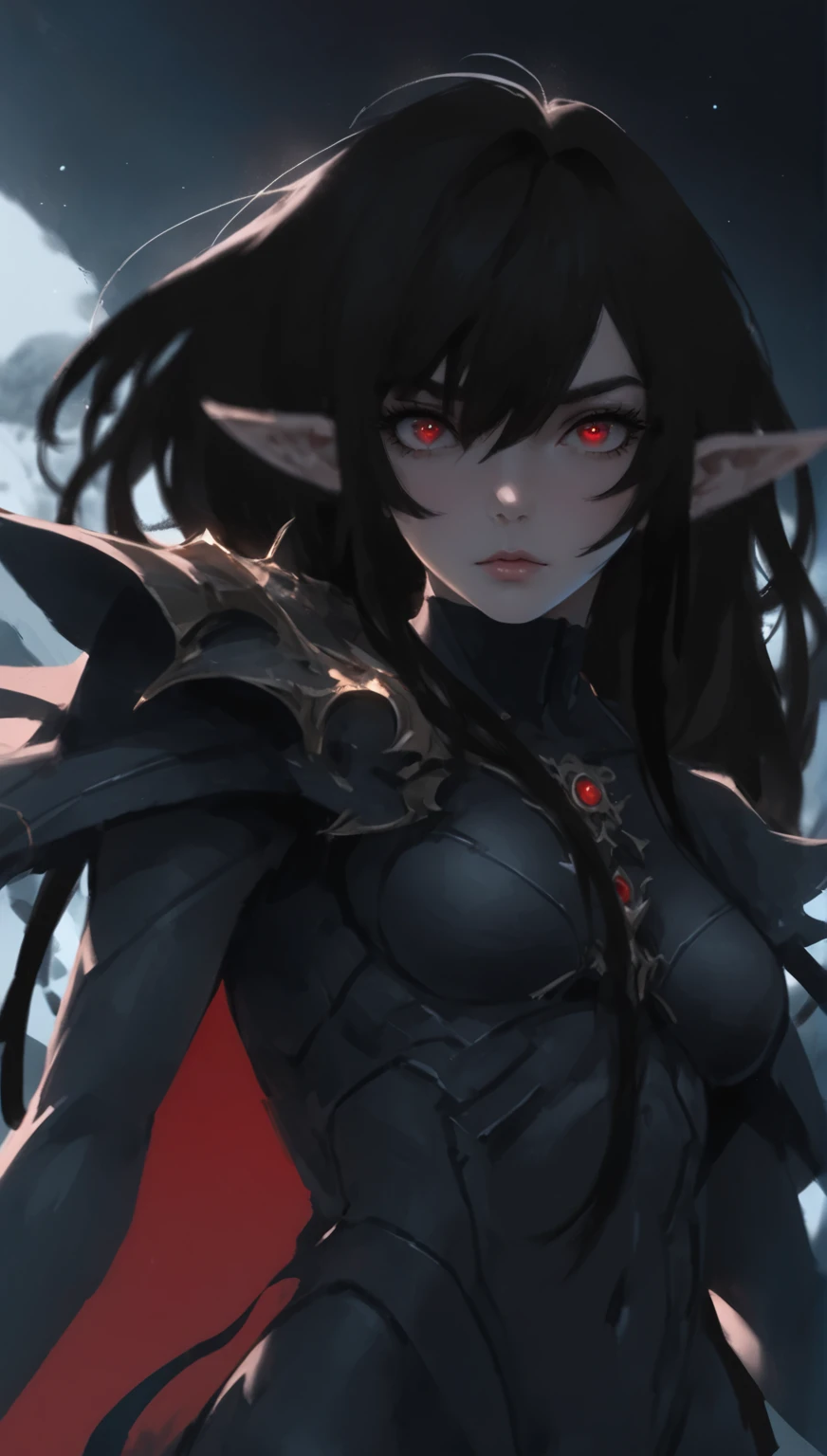 anime girl with black hair and red eyes in front of a dark background, detailed anime digital art, 坏蛋动漫8 K, wlop and krenz cushart, 2. anime fantasy art 5 d cgi, wlop rossdraws, digital anime art, advanced anime digital art, Ross Draws 1. 0, Ross Draws 2. 0, Epic fantasy digital art style