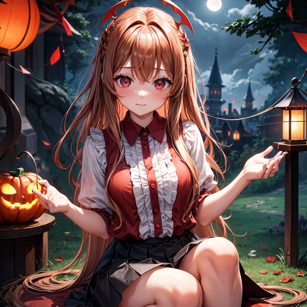 reddish brown blonde、Red eyes、One cute girl、solo、And soul、Light clothing、Checked mini skirt、petal、Wet hair、Sit on、black t-shirts、large tree、cloud、Red full moon、monster castle、Lantern in the shape of a pumpkin、Hell's Gate、barefoot、Stones are piled up、Teeth are visible、Secret Treasure、Wooden chair、Moss grows、Fortress City、water is gushing out、Lightning strikes、Tilting face、Marble floor、Purple lipstick