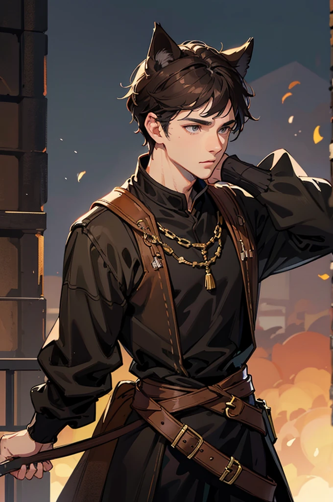 man, male, dark brown hair, grey eyes, dark brown cat ears, dark brown cat tail, fantasy, medieval wear,