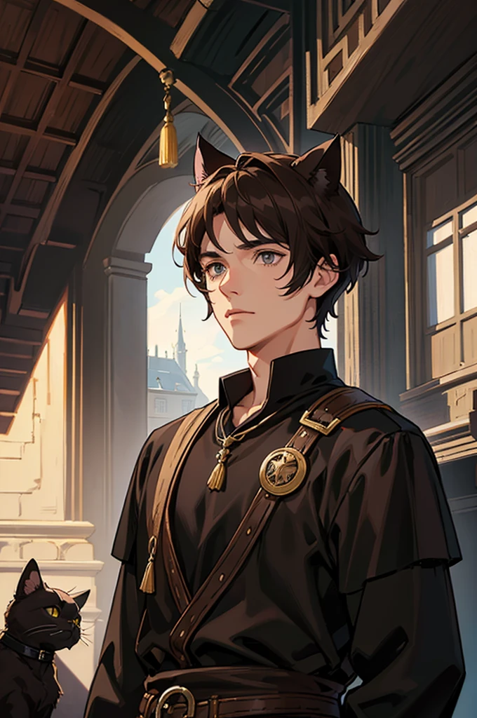 man, male, dark brown hair, grey eyes, dark brown cat ears, dark brown cat tail, fantasy, medieval wear,