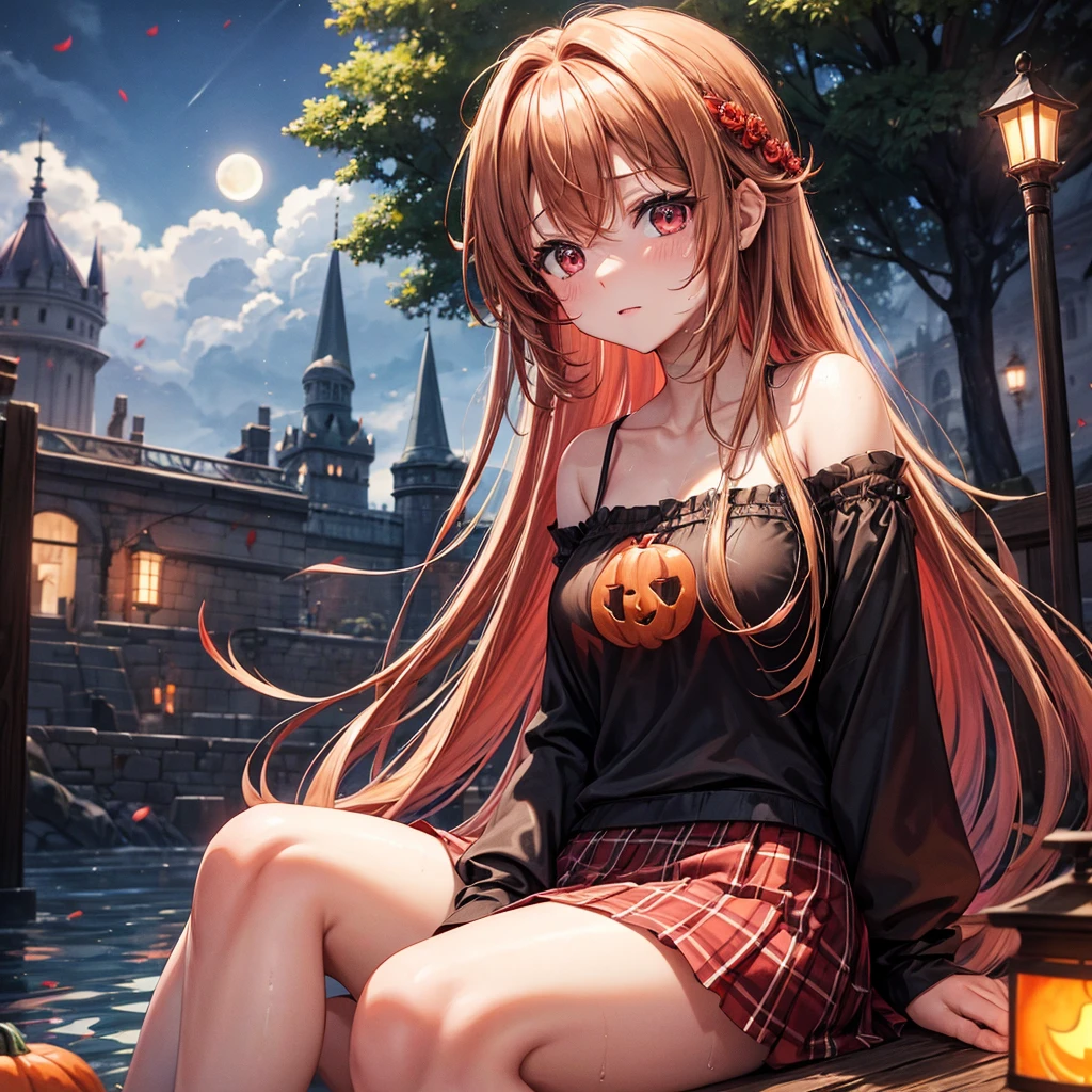 Red-blonde、Red eyes、One cute girl、solo、And soul、Light clothing、Checked mini skirt、petal、Wet hair、Sit on、black t-shirts、large tree、cloud、full moon、monster castle、Lantern in the shape of a pumpkin、Hell's Gate、Craft Gatekeeper、barefoot、Stones are piled up、Teeth are visible、Secret Treasure、Wooden chair、Moss grows、Fortress City、water is gushing out、Lightning strikes