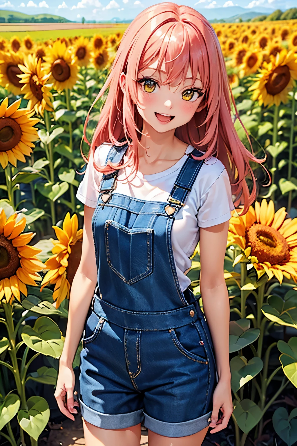 best quality, (masterpiece:1.3), absurdres, highres,16k, ultra high res, official art, illustration,extremely detailed, 1girl, solo, full body, 20yo, 
delicate lines tailed face, (long hair1.2), (straight hair1.8), (beautiful (coral pink) hair:1.2), (shiny hair:1.2), (beautiful (gold) eyes:1.2), (shiny eyes:1.2), (small breasts), (gleaming skin:1.4),
looking at viewer, (cowboy shot:1.5)
standing, laugh with open mouth,
(t-shirt, overalls)
(sunflower field, sunlight in)