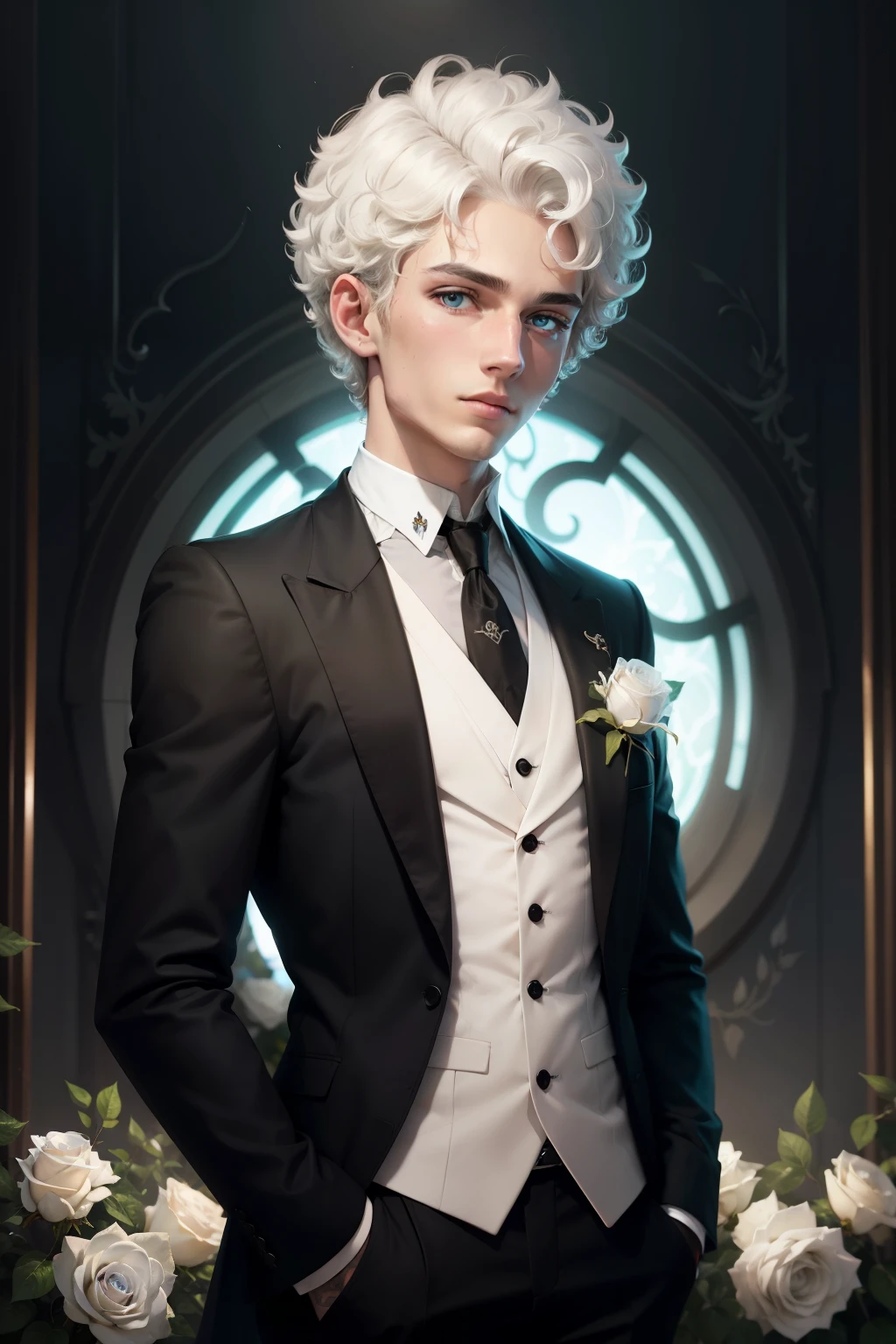a young man, short curly white hair, cyan eyes, black jersey, White rose in your pocket