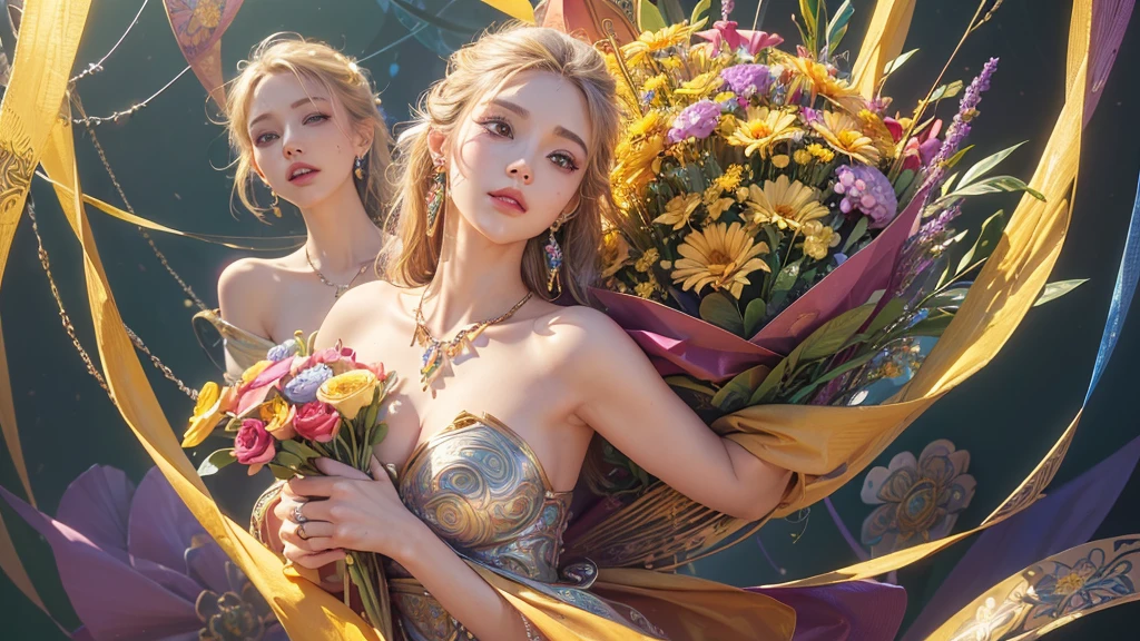 32K, 最高quality, 最高masterpiece, (ultra-Detailed Background, Detailed Background), Absurd, High resolution, Super detailed, Very detailedな, One girl, (bouquet:1.3), (Tangled:1.2), (Geometric:1.2),(colorful),(masterpiece, quality, best quality, Official Art, Beautiful and beautiful:1.2), (1 girl:1.3), Very detailed,(colorful:1.1)(Flowers:1.3),Most detailed,(Tangled:1.2), whole body, (Abstract background:1.3), (Skin glows), (Many colors:1.4), ,(Earrings Jewelry:1.5), Pale yellow background,