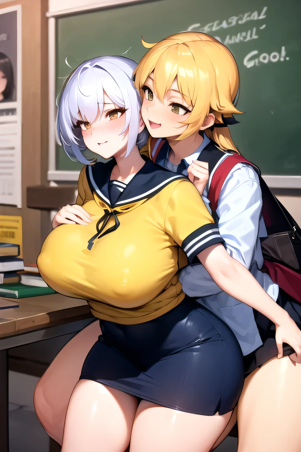 Lesbian (very long loose yellow hair)(big breasts, big thighs)(with clothes it is very tight) that he is kissing at school with his girlfriend,(big breasts, big thighs)lesbian love