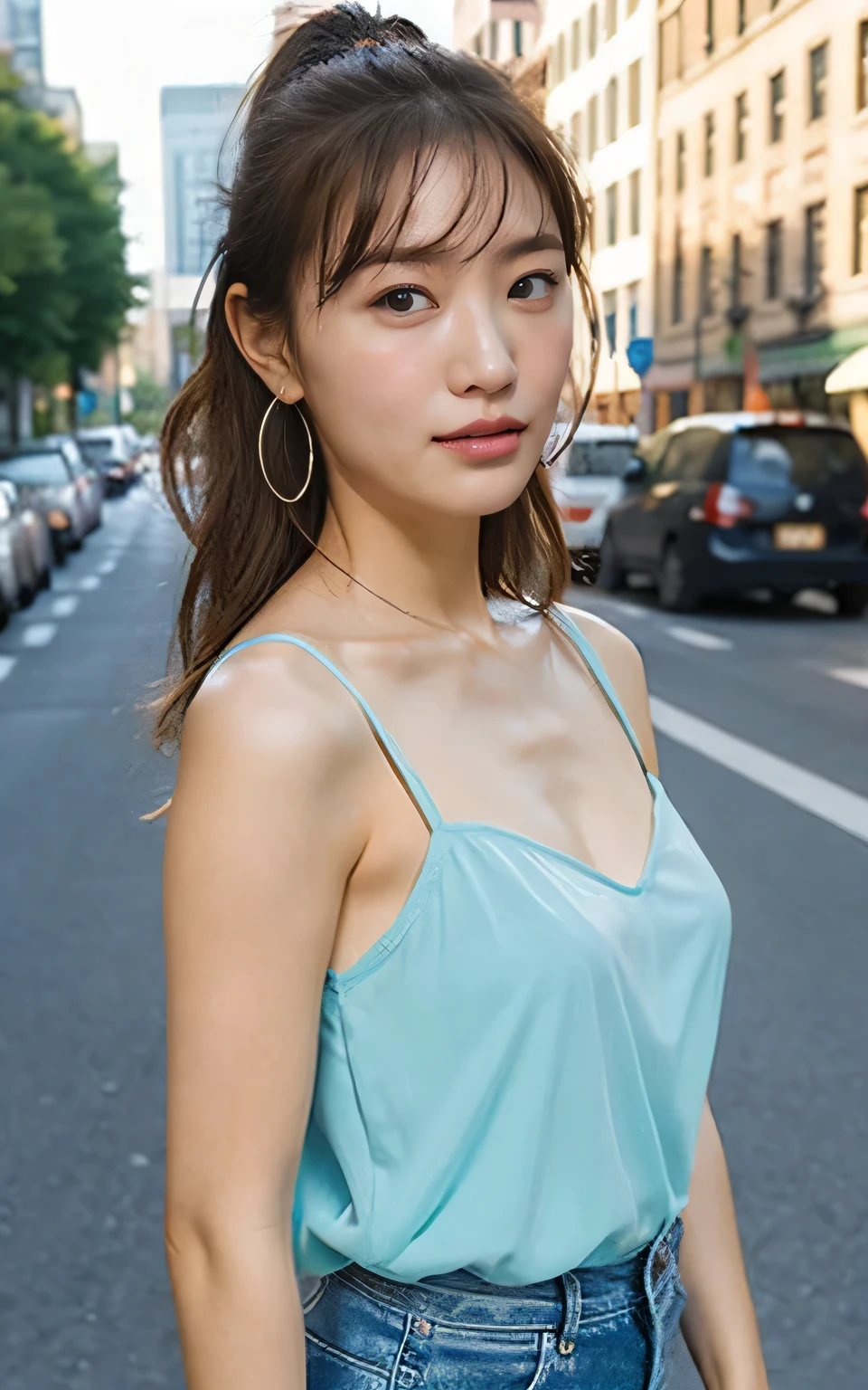 masterpiece, Highest quality, alone, 1 girl, Glowing Skin, Hoop Earrings, Smooth Hair, Fascinating, Exposing shoulders, Ran Transparent Camisole, Professional Model, front, Portraiture ，Street background