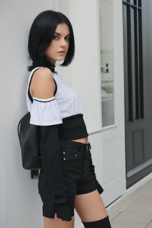 A gothic girl with black shorts, long socks, black shoes, short black hair, looked angelic