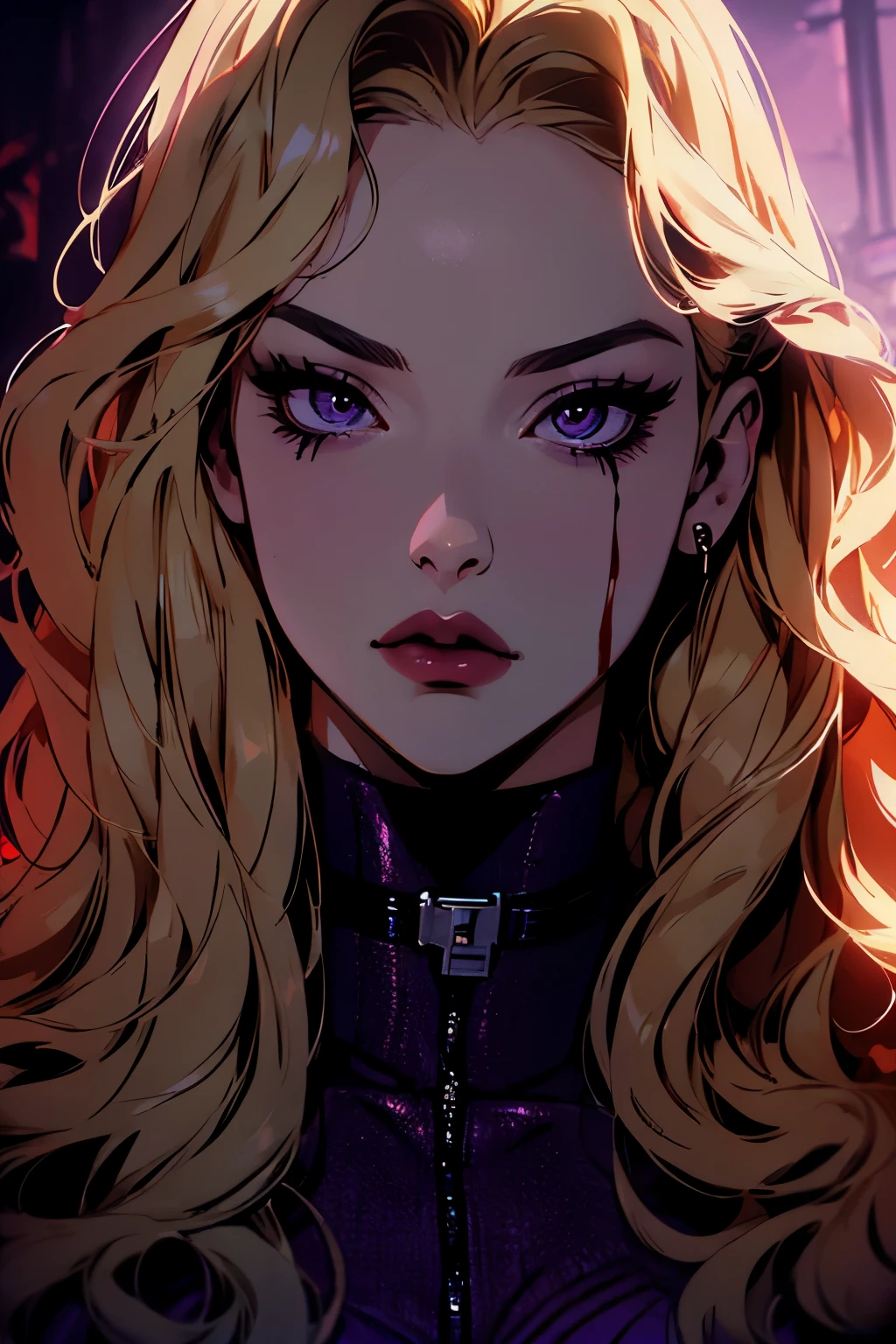 hyper-realistic portrait of a mysterious and sexy woman with long wavy and flowing light blonde hair, (piercing purple eyes), trunk, Sunnyday, blood lips, blood outfit, bloody scene