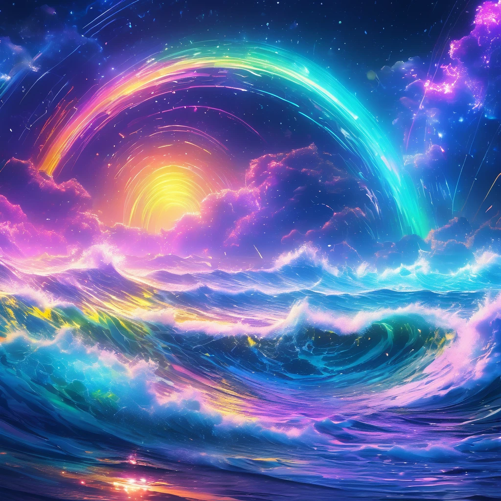 Picture a breathtaking stormy sea, aglow with rainbow particles and shimmering starlight. A scene of unparalleled magnificence rendered in mesmerizing 4K detail. The neon-inspired style adds an electrifying aura, engulfing viewers in a world as vivid and intricate as it is vibrant and alive.