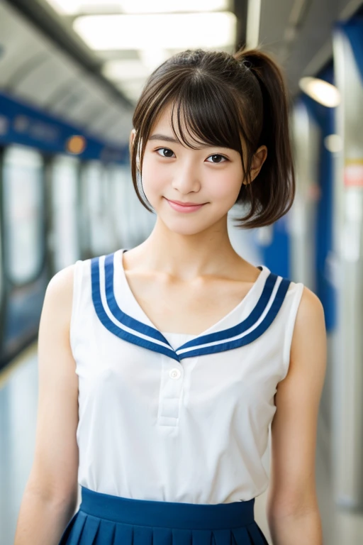  (Highest quality), (Beautiful  Japanese girl), (Moisturized lips), Narrow eyes, double eyelid, Delicate clavicle, Flat Chest , underdeveloped udder, smile, (Spotted sunlight: 1.2), Professional Lighting, (Petite figure), (Sunburned skin: 0.2), Full body photo, Full Body Focus, (Stand Upright)、Excellent Honor Student、Slender body、(School Uniform)、boyish, Putting very short hair into a ponytail、Ribbon on chest、Sweep all your hair back、On an empty train、Full body angle