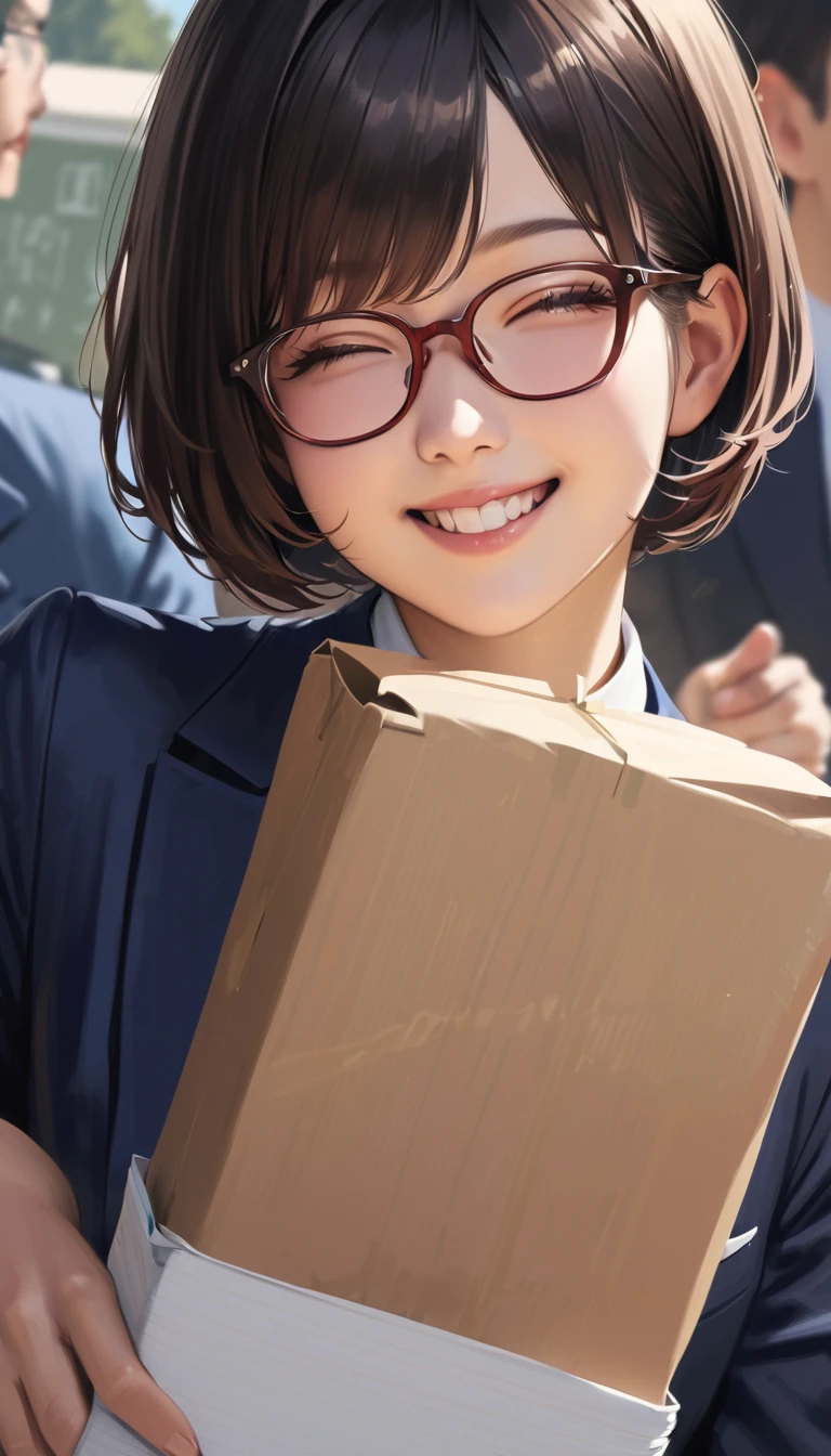 super detail, best quality, A high school girl with black short bob hair, Glasses,Red ribbon,wearing a navy blazer ,Happy smile,Moving,Happy atmosphere,realistic