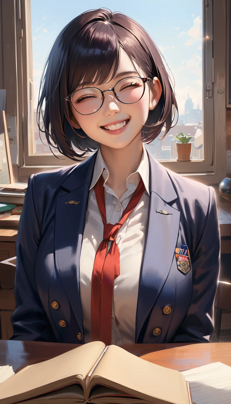 super detail, best quality, A high school girl with black short bob hair, Glasses,Red ribbon,wearing a navy blazer ,Happy smile,Moving,Happy atmosphere,realistic