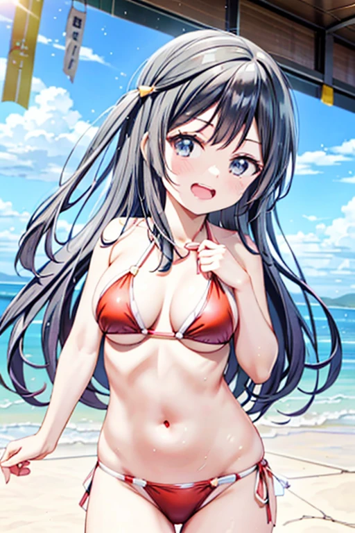 lovelive、Nijigasaki Gakuen、Yuki Setuna、Cowboy Shot、cute、Outdoor、Sandy Beach、Red Bikini、Clear skies