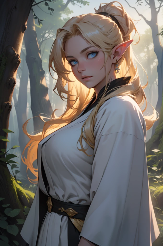 (best quality, highres, HDR:1.2), (sfw) hair flaps, massive hair, ponytail hair, golden hair, highly detailed face and body, beautiful skin, light blue eyes, perfect body, curvy, elven goddess, white angelic robe, magical forest, heavenly atmosphere, ethereal light, dramatic lighting, general shot