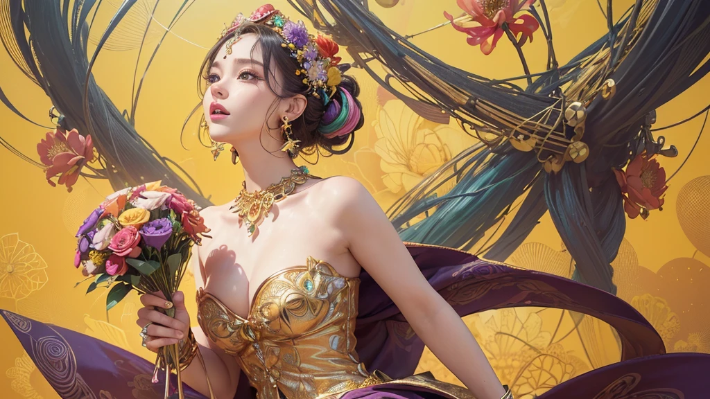 32K, 最高quality, 最高masterpiece, (ultra-Detailed Background, Detailed Background), Absurd, High resolution, Super detailed, Very detailedな, One girl, (bouquet:1.3), (Tangled:1.2), (Geometric:1.2),(colorful),(masterpiece, quality, best quality, Official Art, Beautiful and beautiful:1.2), (1 girl:1.3), Very detailed,(colorful:1.1)(Flowers:1.3),Most detailed,(Tangled:1.2), whole body, (Abstract background:1.3), (Skin glows), (Many colors:1.4), ,(Earrings Jewelry:1.5), Pale yellow background,