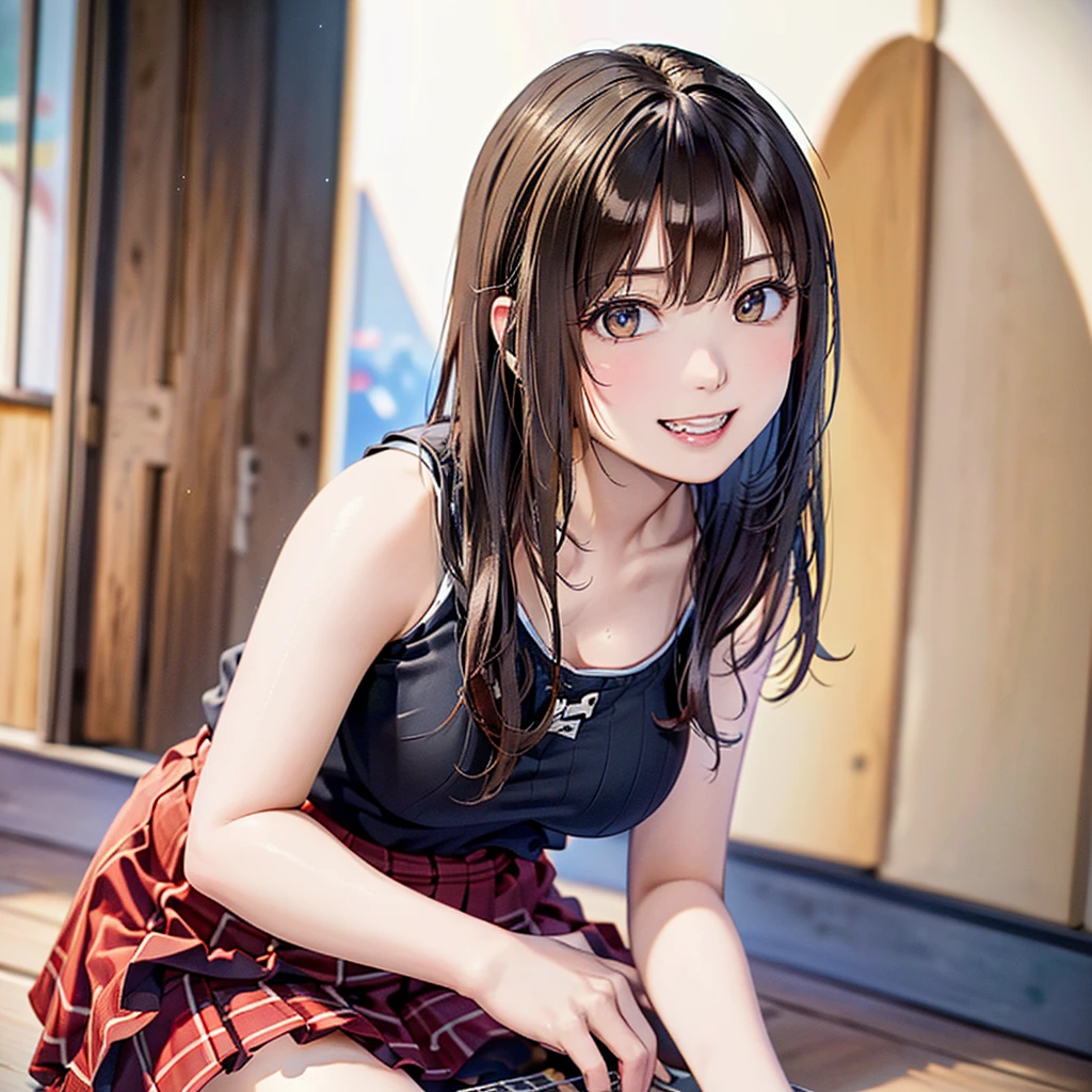 (Highest quality、8k、32K、masterpiece)、(Realistic)、(Realistic:1.2)、(High resolution)、Very detailed、Very beautiful face and eyes、(((Women's Solo Shot)))、Tight waist、(Highest quality、Attention to detail、Rich skin detail)、(Highest quality、8k、Oil paints:1.2)、(Realistic、Realistic:1.37)、Bright colors、(((Cowboy Shot)))、(((Bob Hair)))、(((Medium Hair)))、(((He has a happy face.)))、((smile))、(((Brown Hair)))、((Collared short-sleeved shirt, plaid tank top, Red and white tank top、Red and white checked tank top、Black pleated skirt, mini skirt), )、(((Large crowd)))、(((Band performance)))、(((Inside the live house)))、(((Teeth are visible)))、(((She is a guitarist)))、((Waiting for the guitar))、(((Playing guitar)))