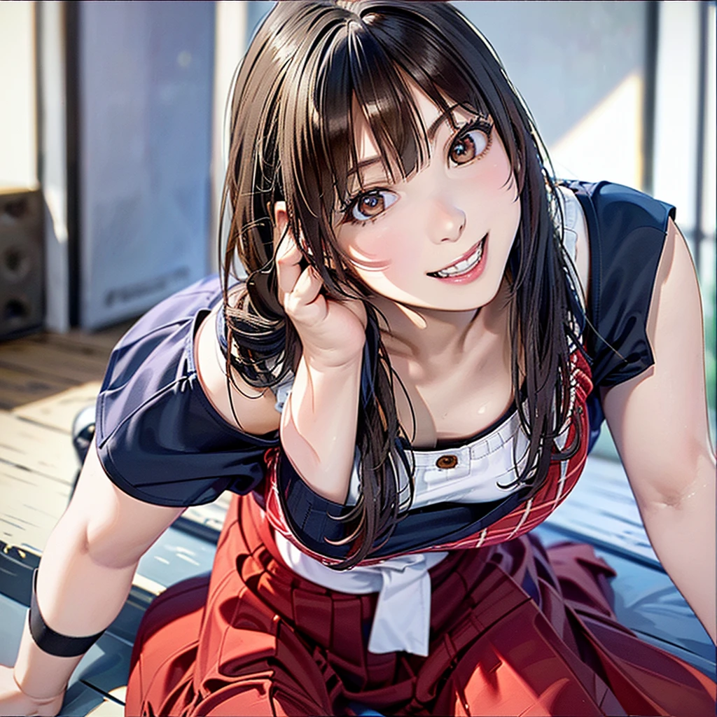 (Highest quality、8k、32K、masterpiece)、(Realistic)、(Realistic:1.2)、(High resolution)、Very detailed、Very beautiful face and eyes、(((Women's Solo Shot)))、Tight waist、(Highest quality、Attention to detail、Rich skin detail)、(Highest quality、8k、Oil paints:1.2)、(Realistic、Realistic:1.37)、Bright colors、(((Cowboy Shot)))、(((Bob Hair)))、(((Medium Hair)))、(((He has a happy face.)))、((smile))、(((Brown Hair)))、((Collared short-sleeved shirt, plaid tank top, Red and white tank top、Red and white checked tank top、Black pleated skirt, mini skirt), )、(((Large crowd)))、(((Band performance)))、(((Inside the live house)))、(((Teeth are visible)))、(((She is a guitarist)))、((Waiting for the guitar))、(((Playing guitar)))