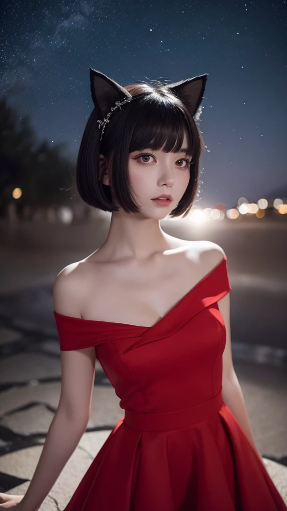 Delicate and dainty young woman with shiny bob-cut black hair and real cat ears. She is wearing red only dress with mini-skirt. The background is a fantastic and ethereal night sky that seems to be haunted by a specter. Her expression is stern and atmospheric. , real photo style, beautiful face, stockings, angle from below