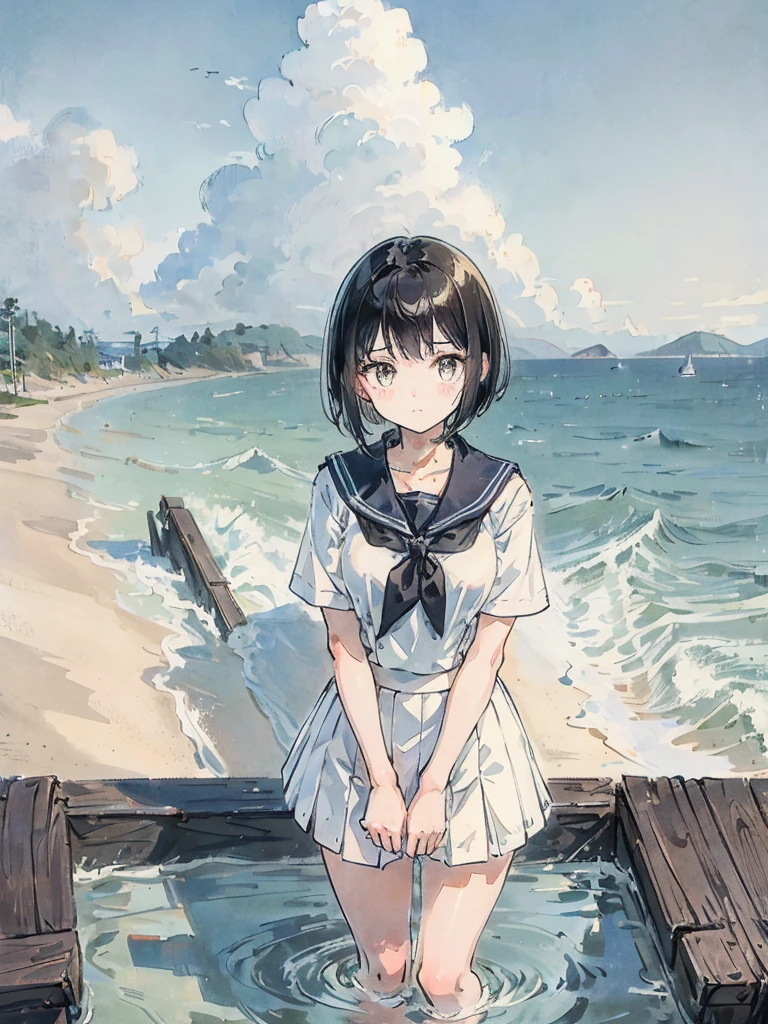 Close-up of a girl with short black hair wearing a sailor uniform、Stand in front of a railroad crossing、Sculpture style、White Skirt、Summer in Japan、nostalgic、Seaside