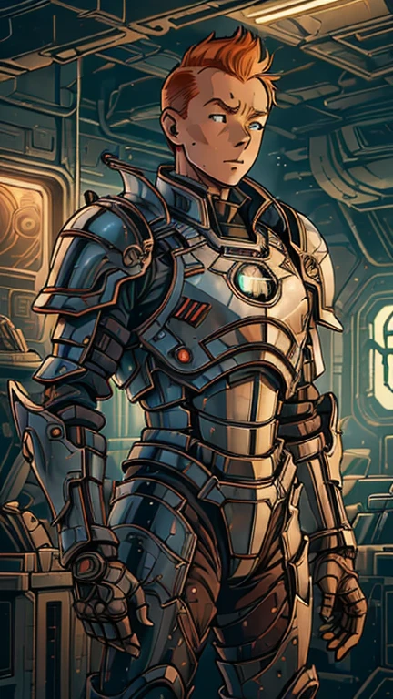 (s:1man: Tintin), (extremely detailed CG unit 8k wallpaper),(master part), (best quality), (ultra detali), (best illustration),(mech4rmor), cowboy shot, (Sharp eyeliner, ombre, detailed eyes:1),Dark midnight derelict spaceship interiors background, ,break , (wearing armor), upper body, short hair, orange hair
