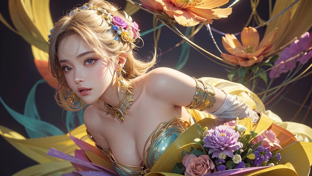 32K, 最高quality, 最高masterpiece, (ultra-Detailed Background, Detailed Background), Absurd, High resolution, Super detailed, Very detailedな, One girl, (bouquet:1.3), (Tangled:1.2), (Geometric:1.2),(colorful),(masterpiece, quality, best quality, Official Art, Beautiful and beautiful:1.2), (1 girl:1.3), Very detailed,(colorful:1.1)(Flowers:1.3),Most detailed,(Tangled:1.2), whole body, (Abstract background:1.3), (Skin glows), (Many colors:1.4), ,(Earrings Jewelry:1.5), Pale yellow background,