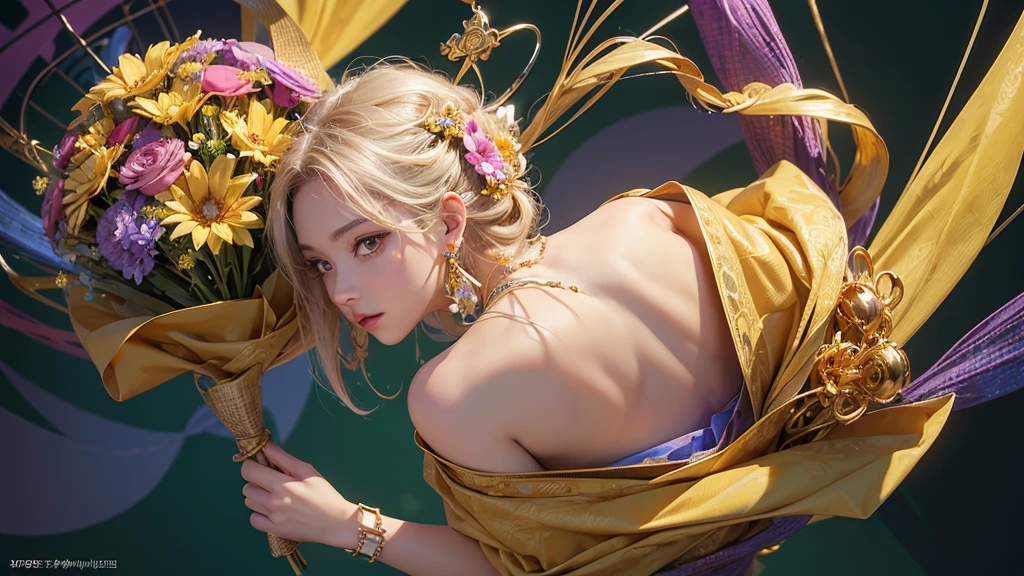 32K, 最高quality, 最高masterpiece, (ultra-Detailed Background, Detailed Background), High resolution, Super detailed, Very detailedな, 1 personの, (bouquet:1.3), (Tangled:1.2), (Geometric:1.2),(colorful),(masterpiece, quality, best quality, Official Art, Beautiful and beautiful:1.2), (1 person:1.3), Very detailed,(colorful:1.1)(Flowers:1.3),Most detailed,(Tangled:1.2), whole body, (Abstract background:1.3), (Skin glows), (Many colors:1.4), ,(Earrings Jewelry:1.5), Pale yellow background, It's imaginative., Milk tea colored hair, Updo,